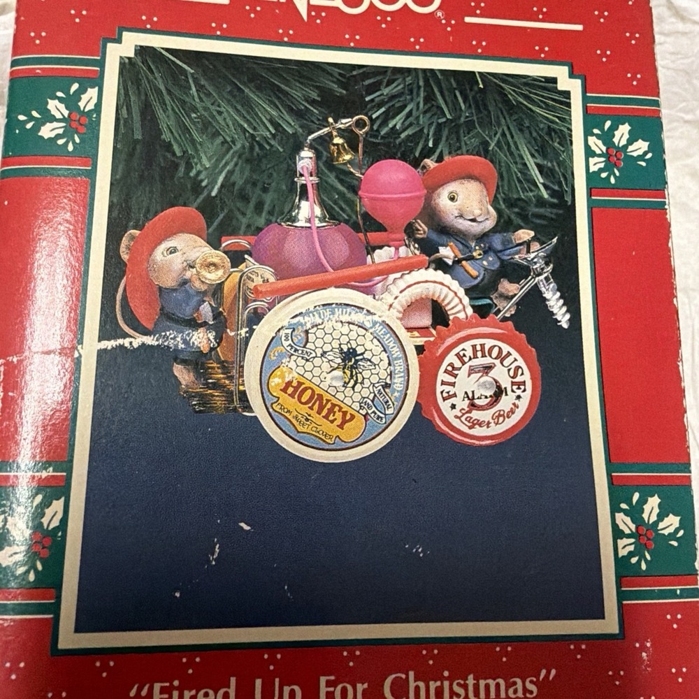 1991 Enesco 'Fired Up For Christmas' Mice Firemen Firetruck Christmas Ornament